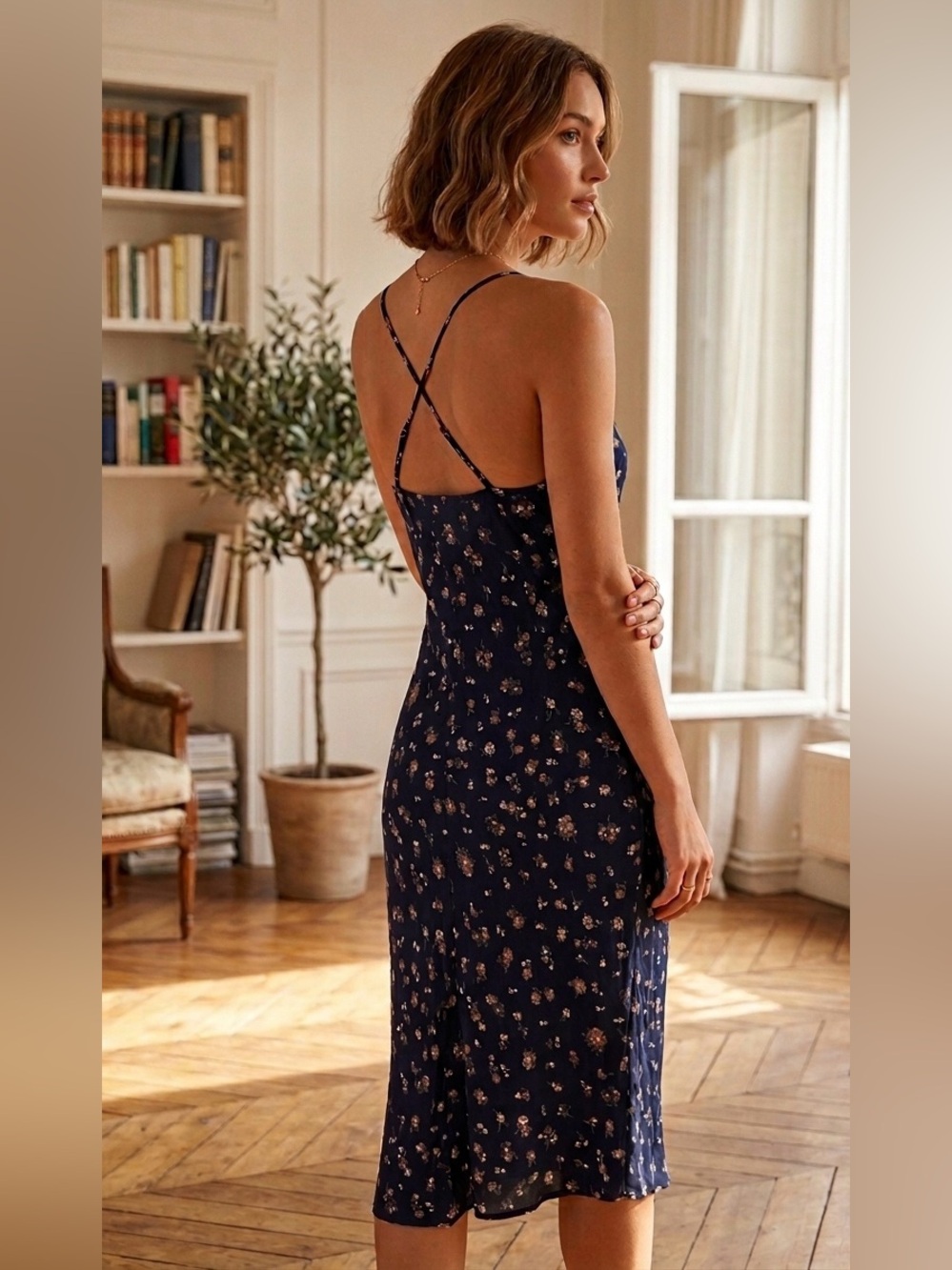 Adriano Goldschmied Navy Floral V-Neck Midi Slip Dress with Cross Back - Picture 2 of 6